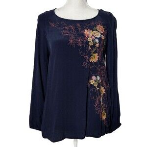 J Jill Womens S Embroidered Top Floral Long Sleeve Shirt Crinkle Texture Navy